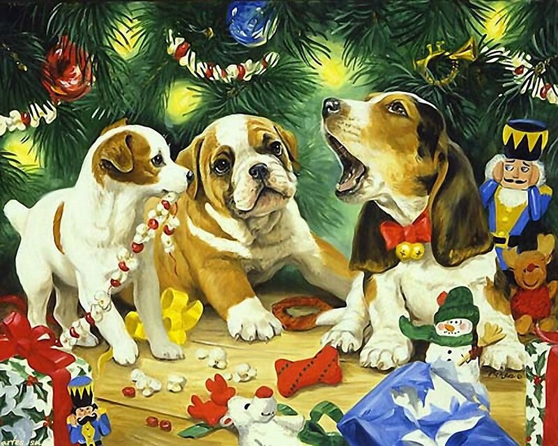Three Puppies under Tree