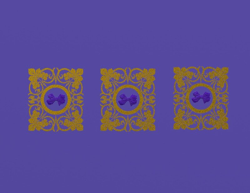 three purple bows in gold frames