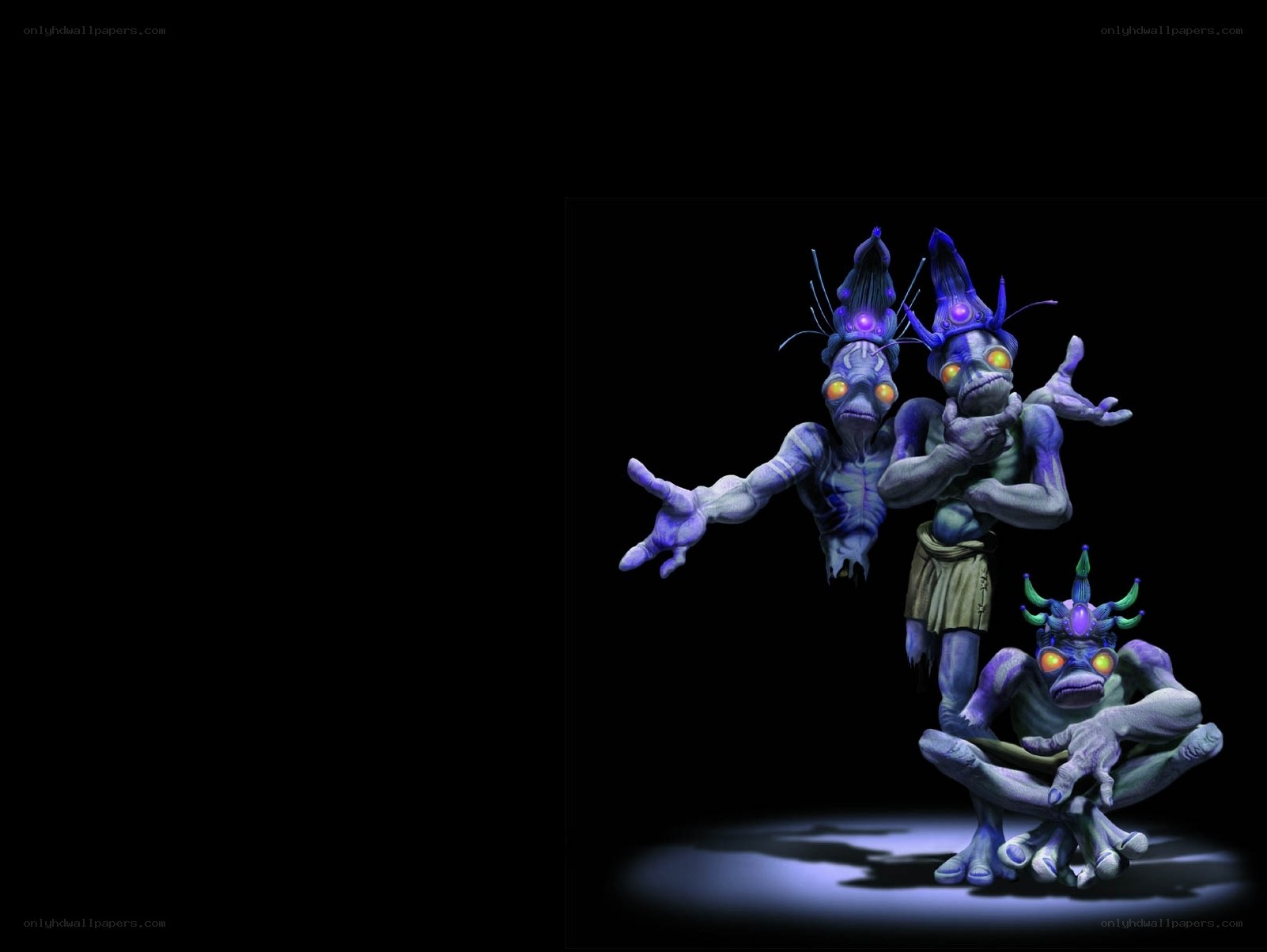 three purple creatures in dark