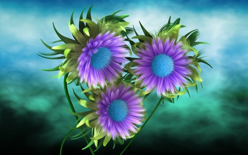 Three Purple Flowers — Ethereal, Digital Art