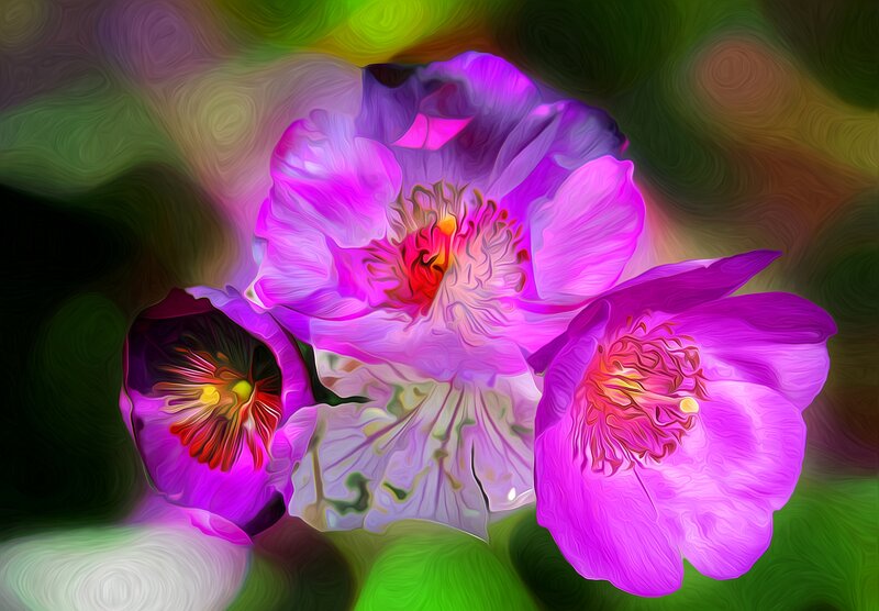 Three Purple Flowers — Vibrant, Digital Art