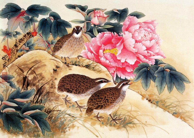 Three Quails with Peonies — Pink