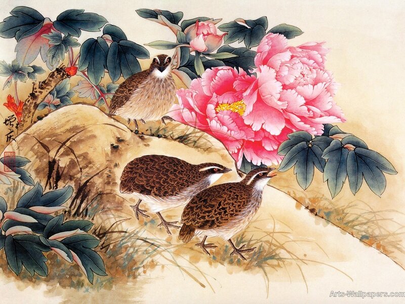 Three Quails with Peonies