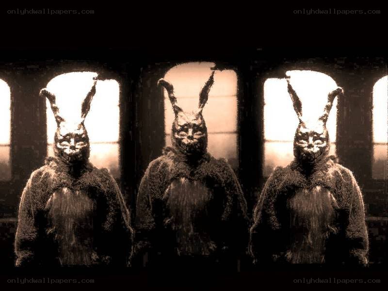 three rabbit figures in dark room