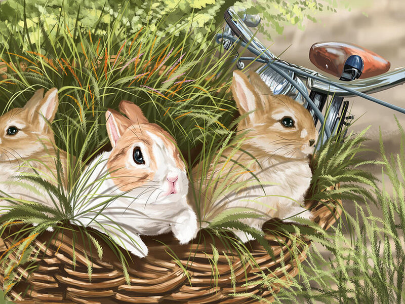 Three Rabbits in Basket — Brown