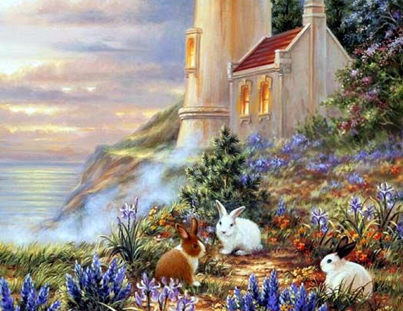 Three Rabbits in Flowers — Blue