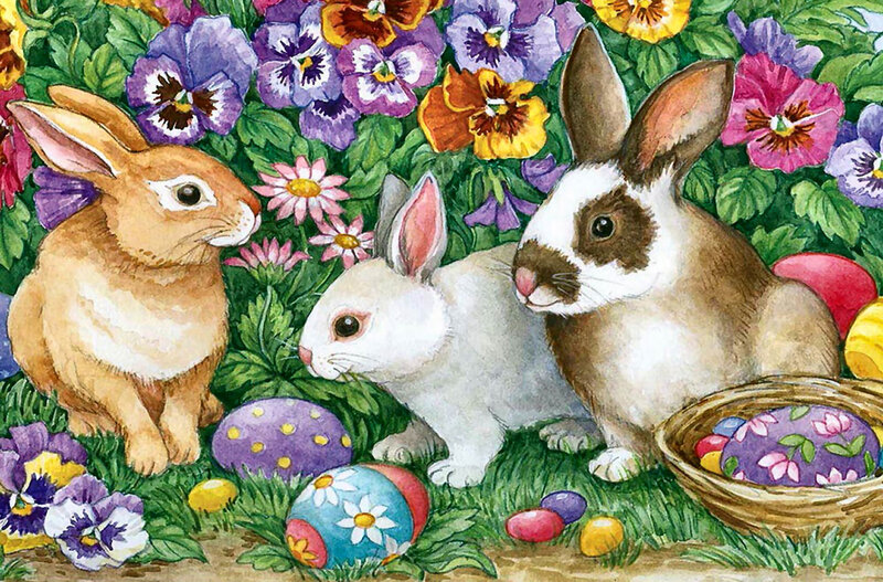 Three Rabbits in Flowers — Green