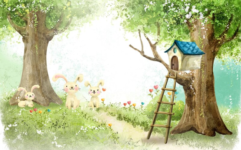 Three Rabbits in Forest — Green