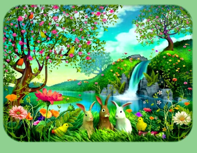 Three Rabbits in Garden — Green