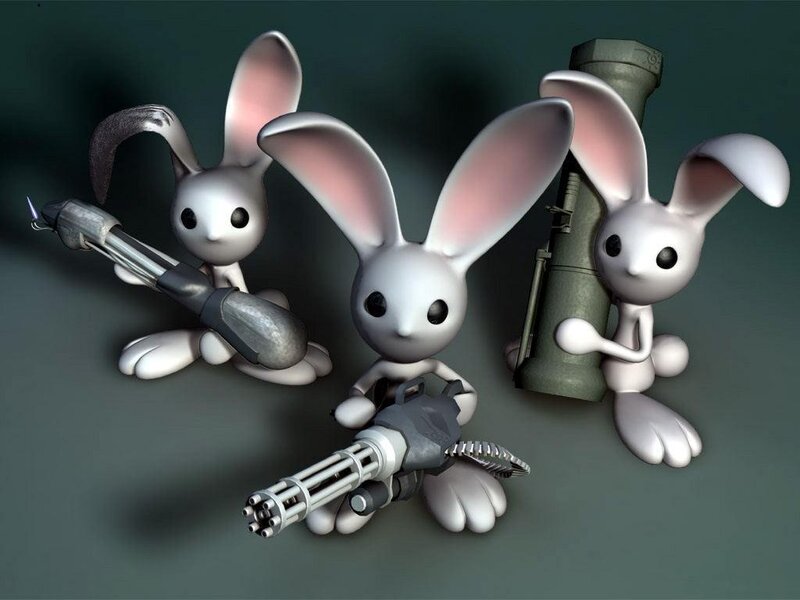 Three Rabbits with Weapons — Gray