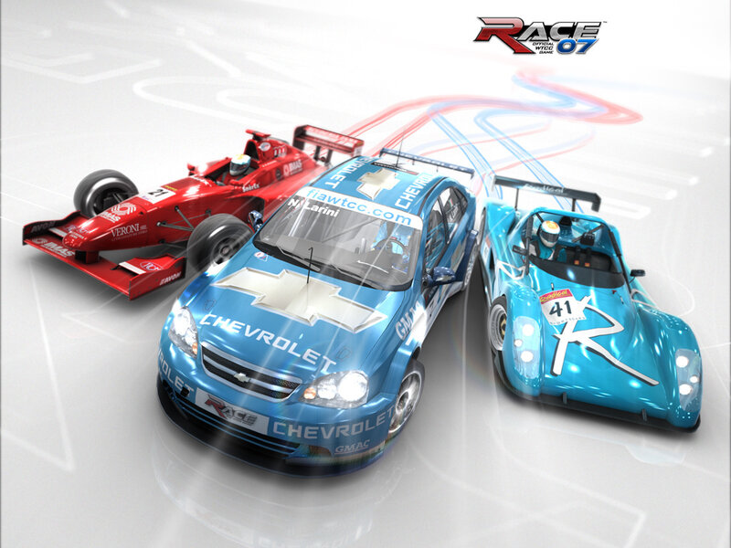 Three race cars in a promotional image