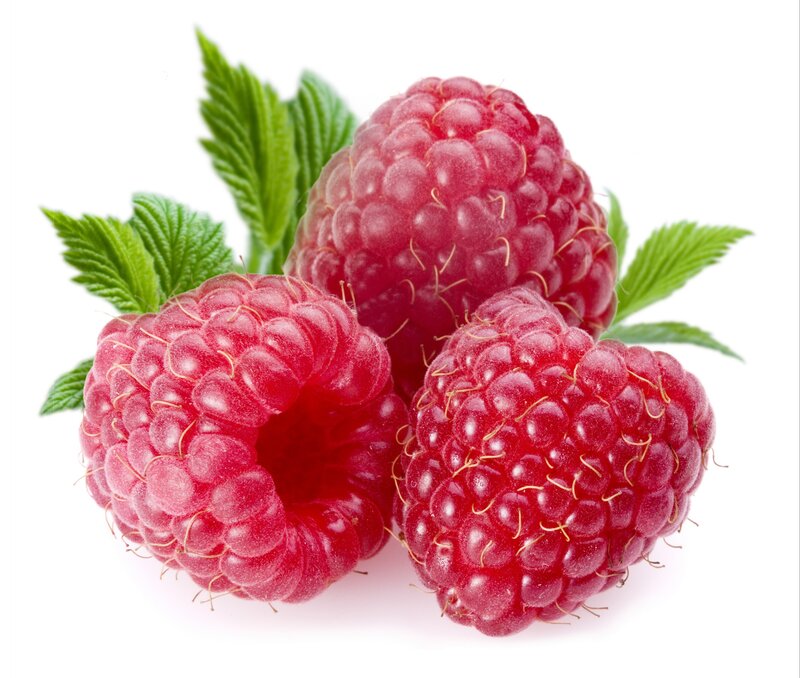 Three Raspberries with Leaves — Red, Fresh