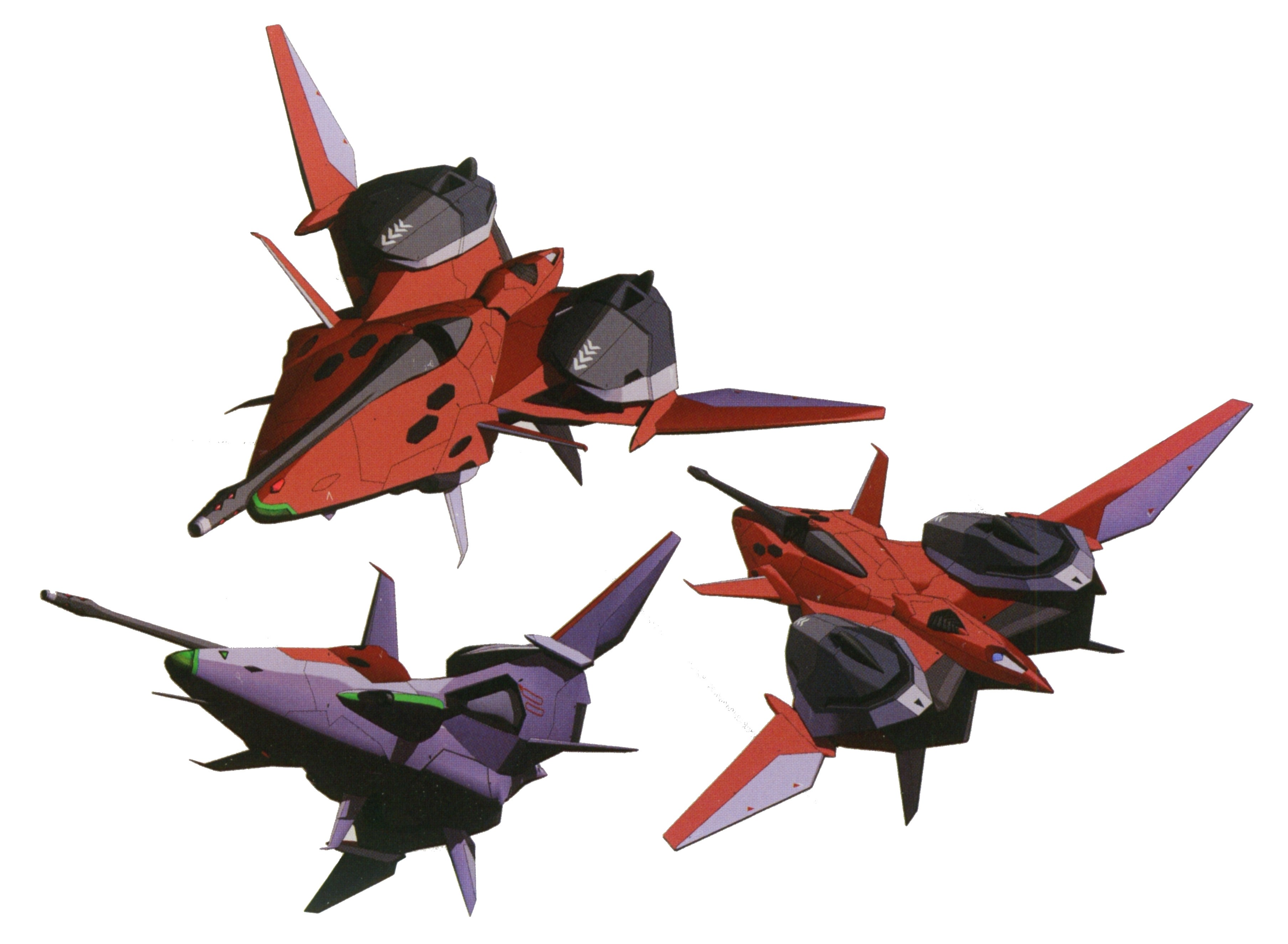 three red and purple mechs