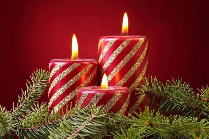 Three Red Candles — Festive, Winter, Photograph, Pine Branches
