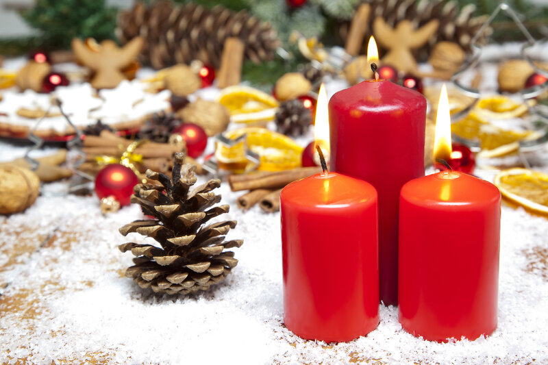 Three Red Candles — Festive, Winter, Photograph, Pinecones