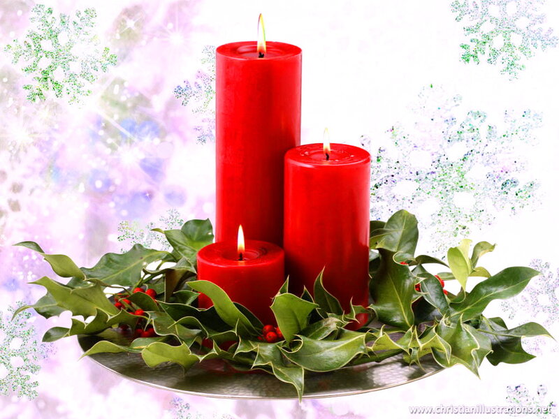 Three Red Candles on Holly