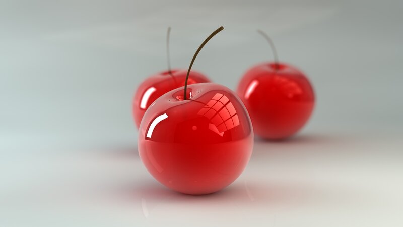 Three Red Cherries — Neutral, 3d Render, Stem, Reflection