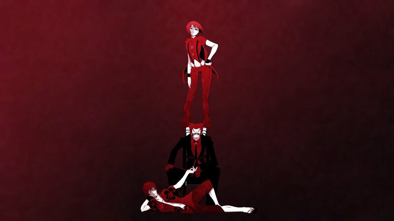 Three red-haired figures in a pyramid