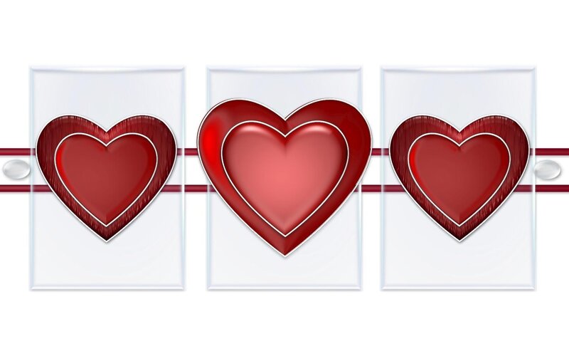three red hearts on white panels