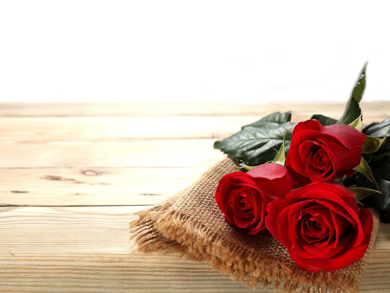 Three Red Roses — Calm, Photograph, Burlap, Wooden Surface