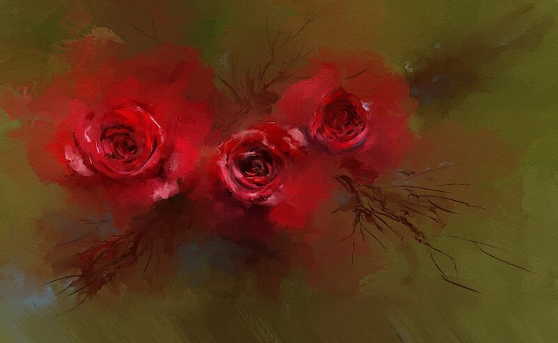 Three Red Roses — Dramatic, Painting, Branches