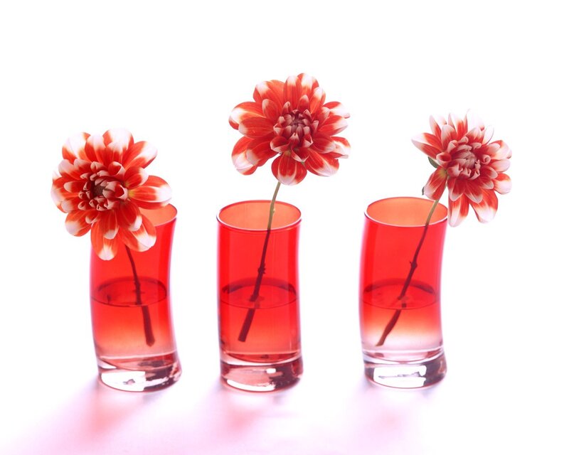Three red vases with flowers