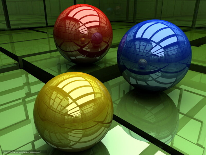 Three Reflective Spheres — Green, Abstract, 3d Render, Floor
