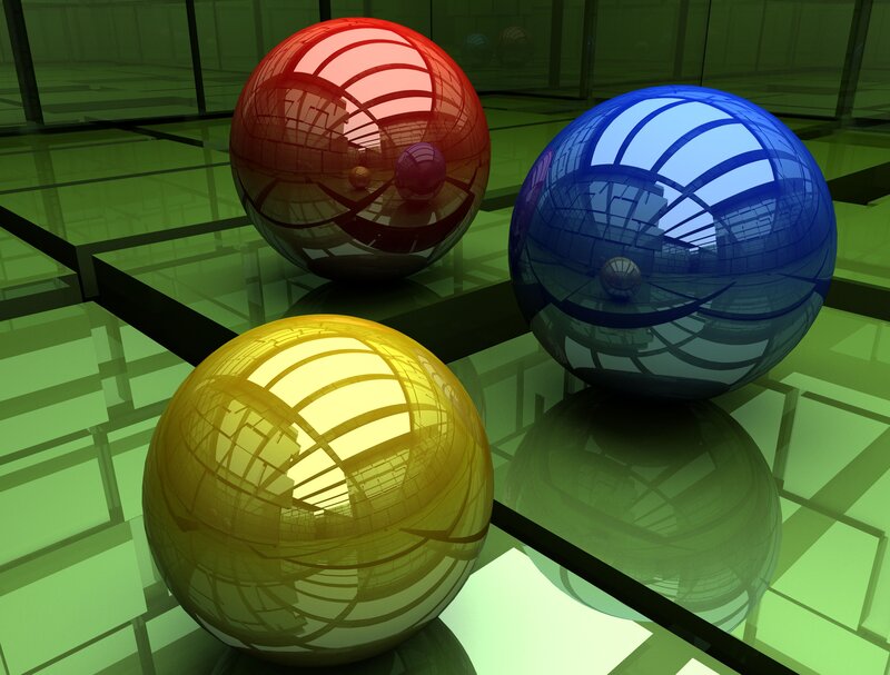 Three Reflective Spheres — Green, Abstract