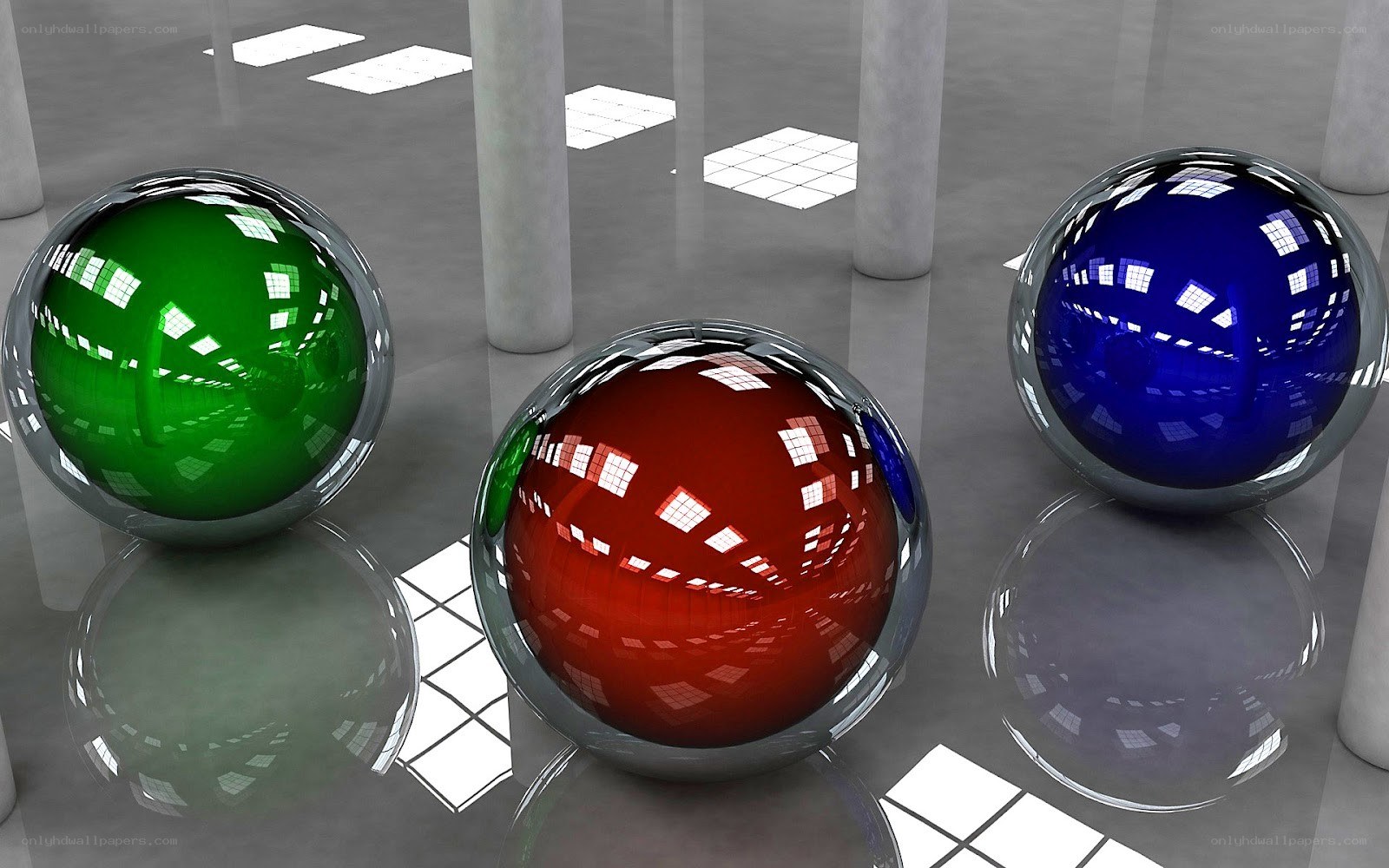 Three reflective spheres in a hall