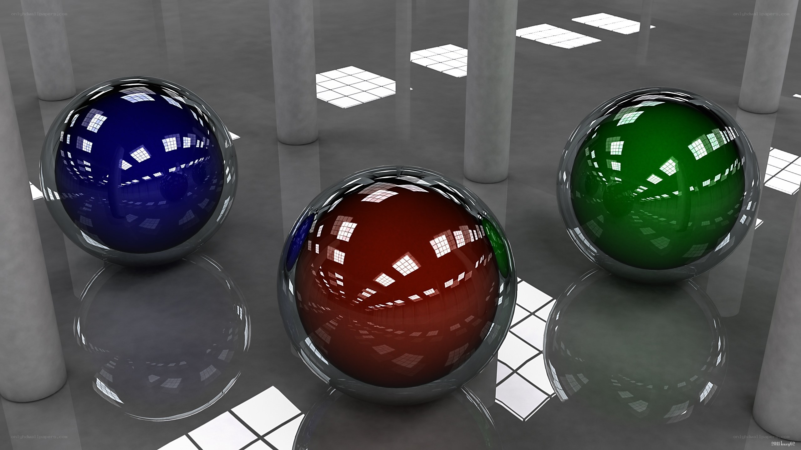 Three reflective spheres in a hall