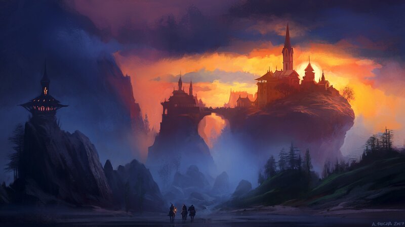 Three Riders Approaching Castle