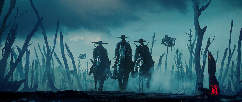 Three Riders on Horses — Blue