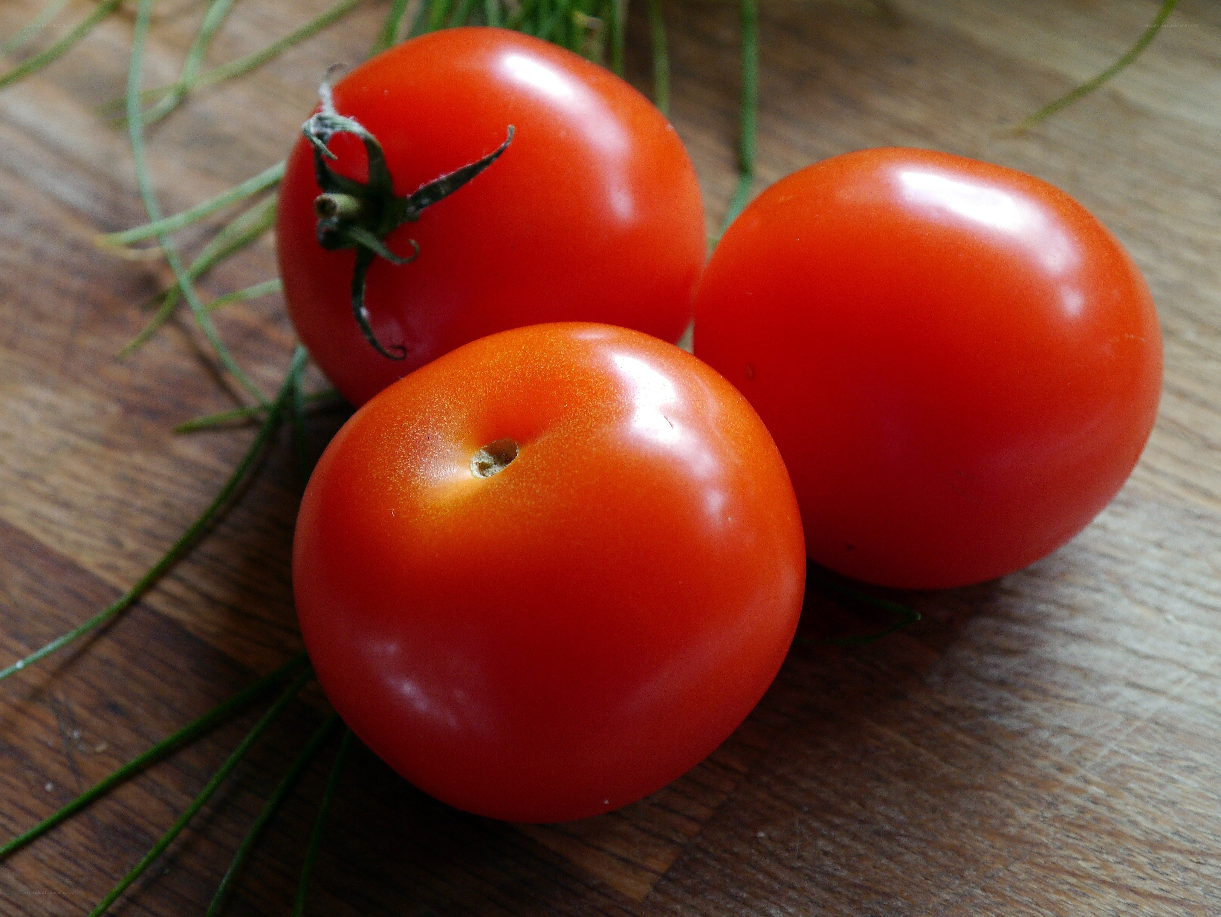 Three ripe tomatoes on wood