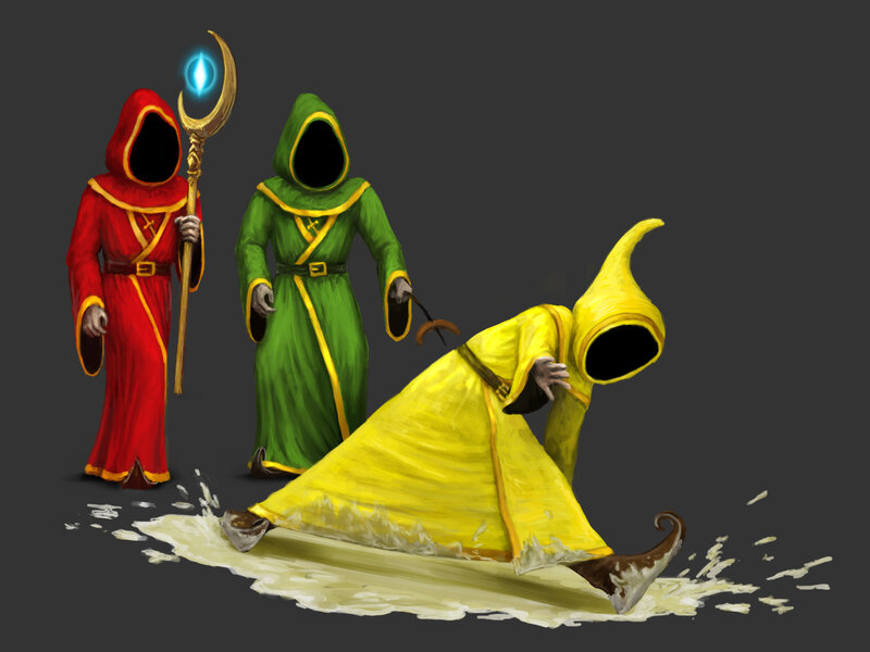 Three robed figures in a scene