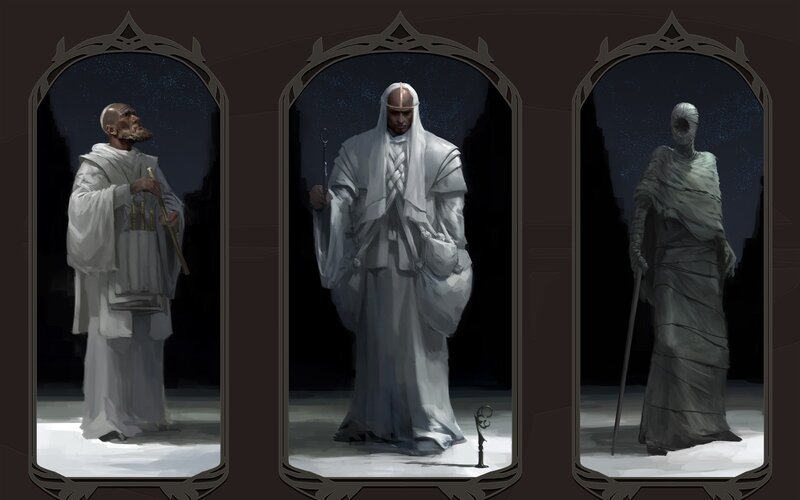 Three robed figures in arched frames