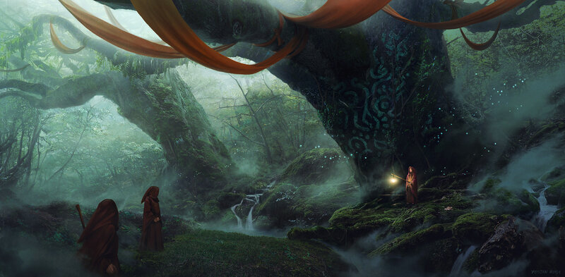 Three Robed Figures in Forest — Green