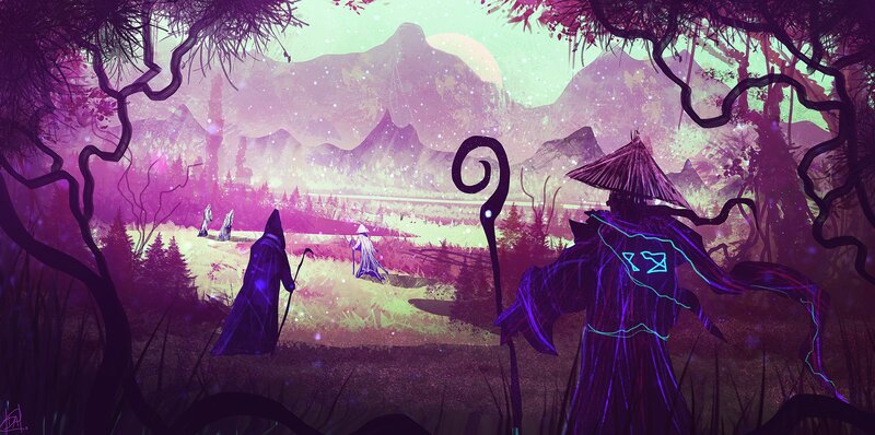 Three Robed Figures in Forest