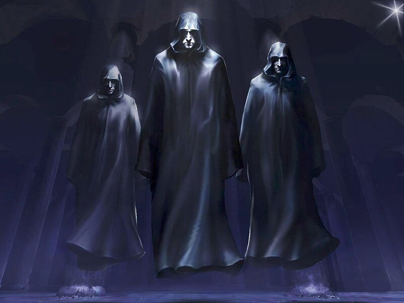 Three Robed Figures — Purple, Dramatic
