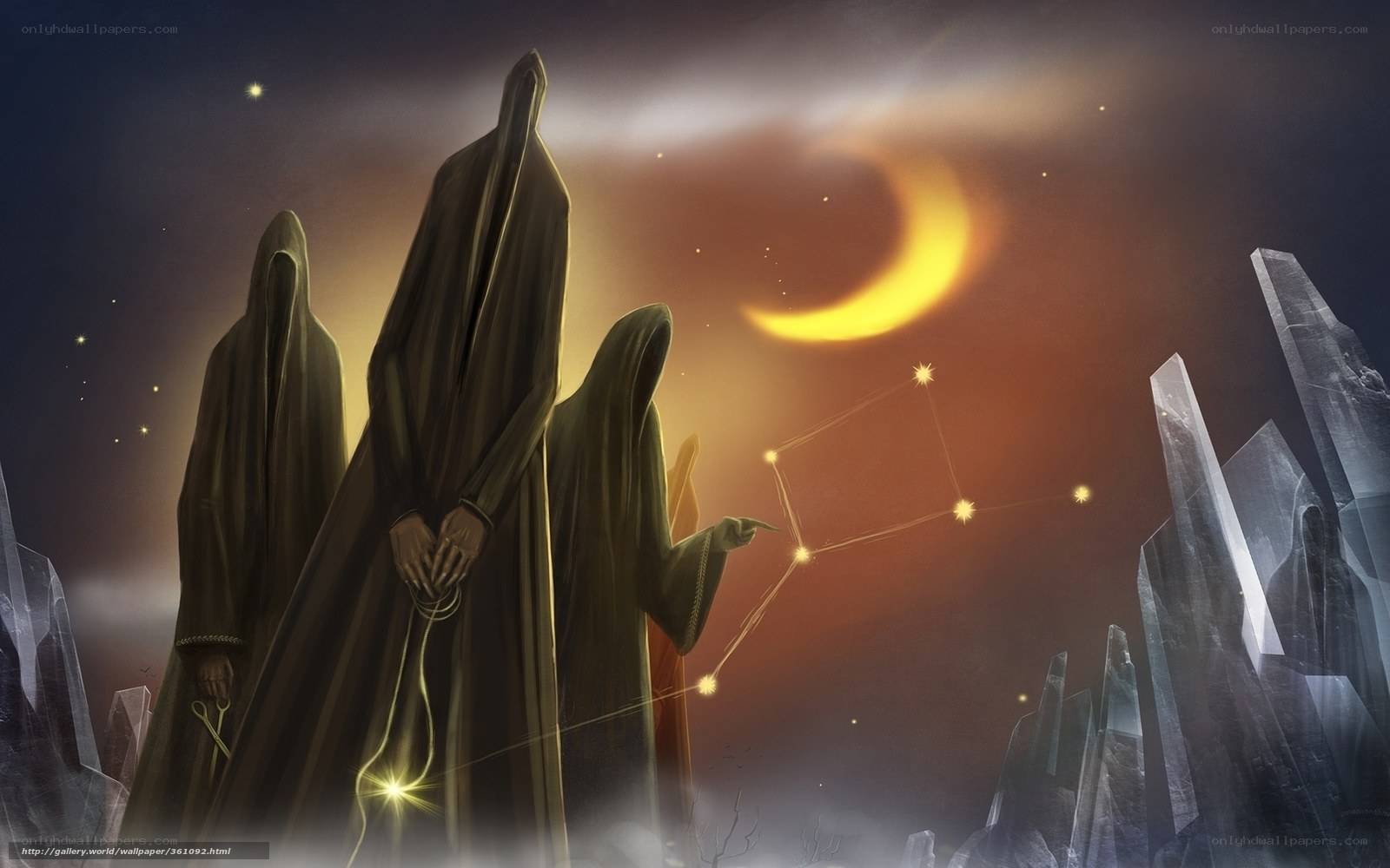 Three robed figures under a crescent moon