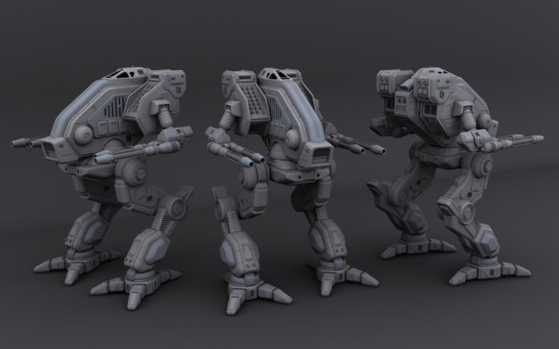 Three robotic mechs in gray