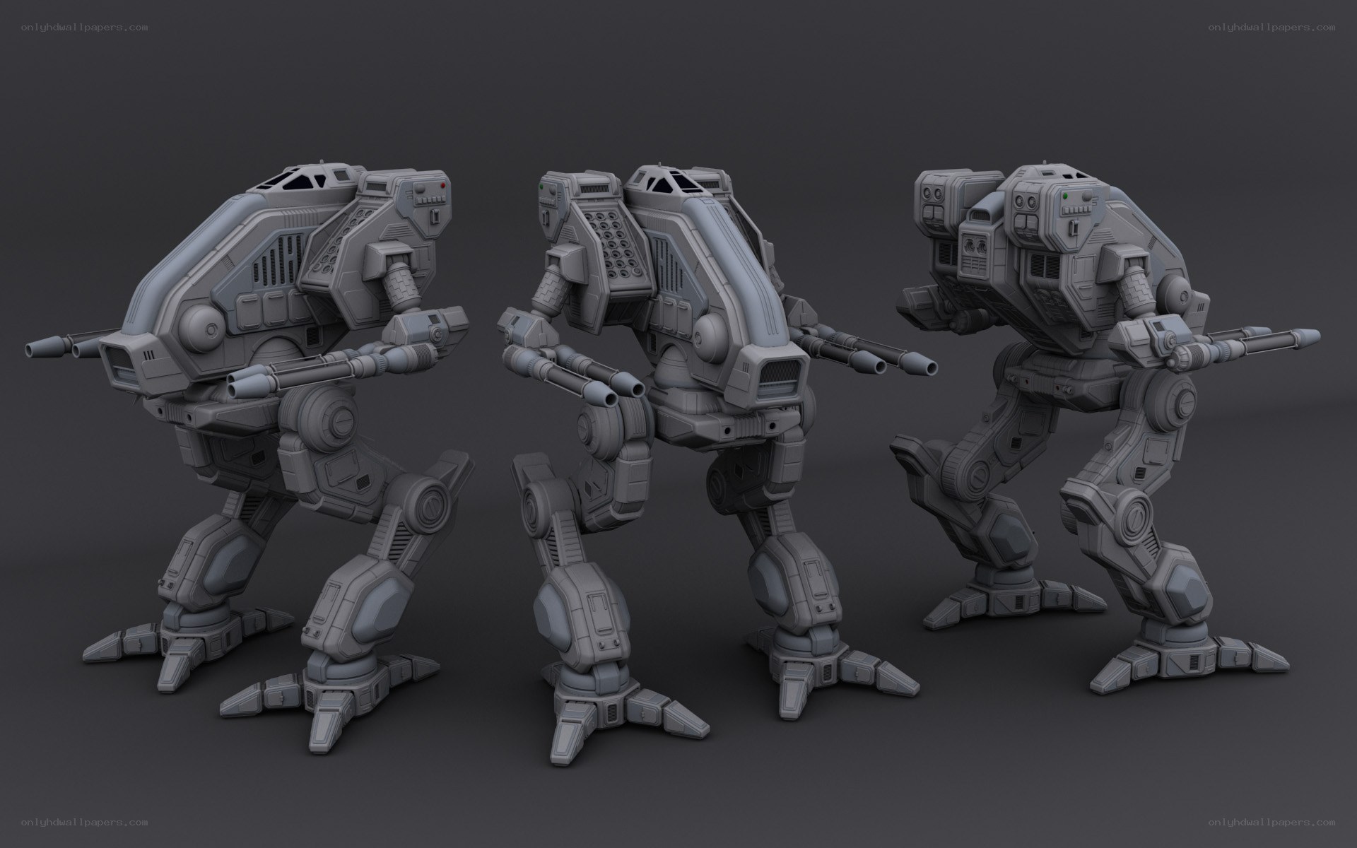 Three robotic mechs in gray