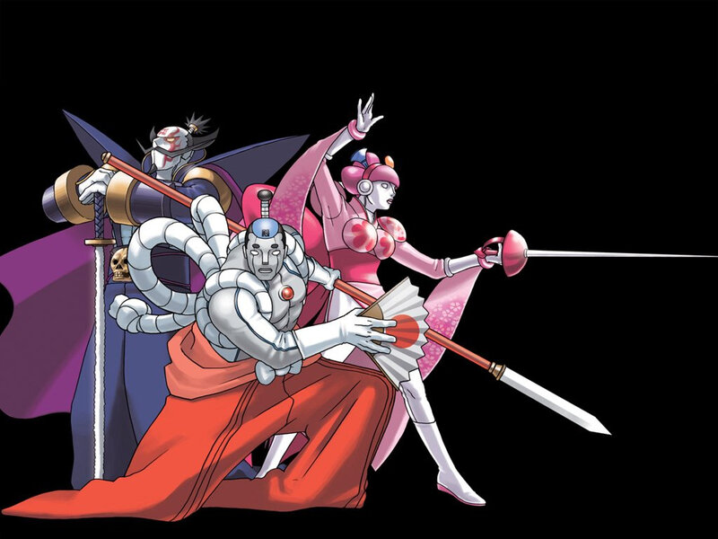 Three robotic samurai warriors