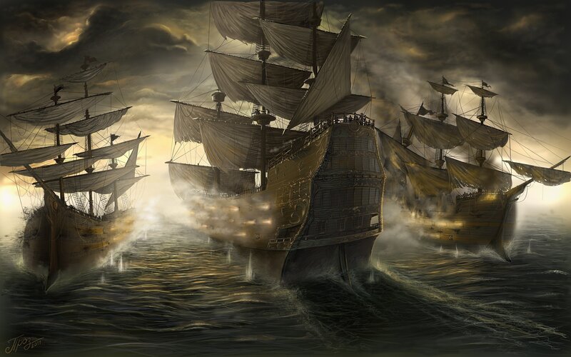 Three Sailing Ships at Sea — Gray