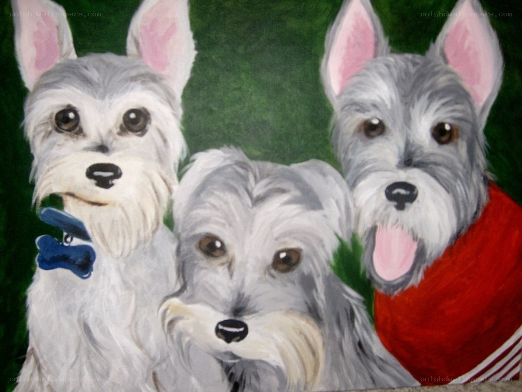 three schnauzer dogs painting