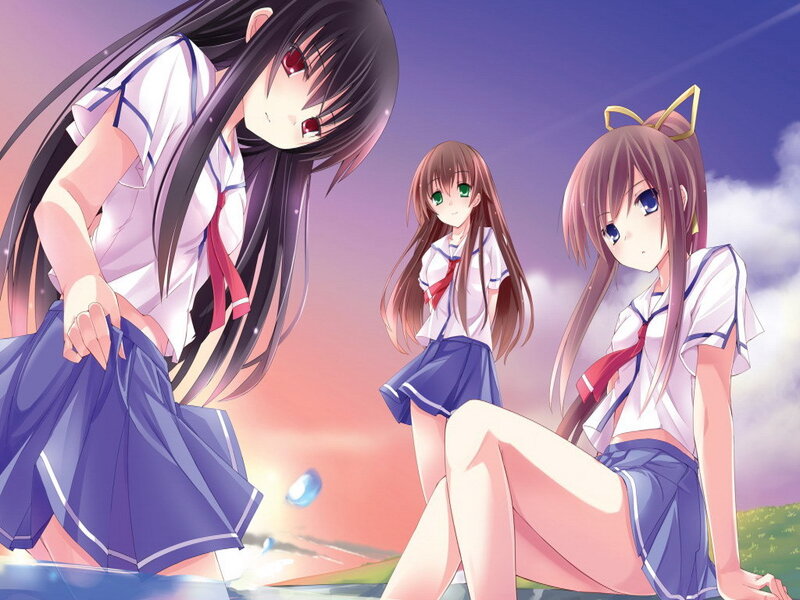 Three schoolgirls at sunset