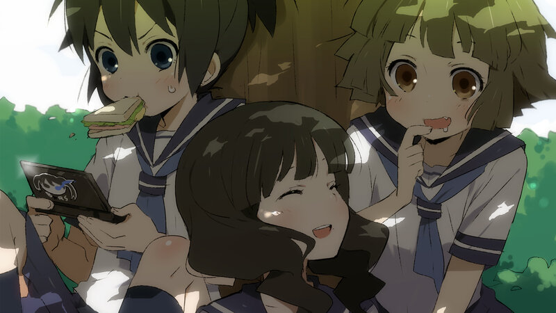 Three Schoolgirls Eating — Green, Peaceful