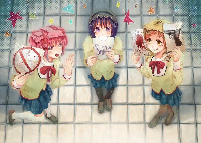 Three Schoolgirls Holding Signs — Blue