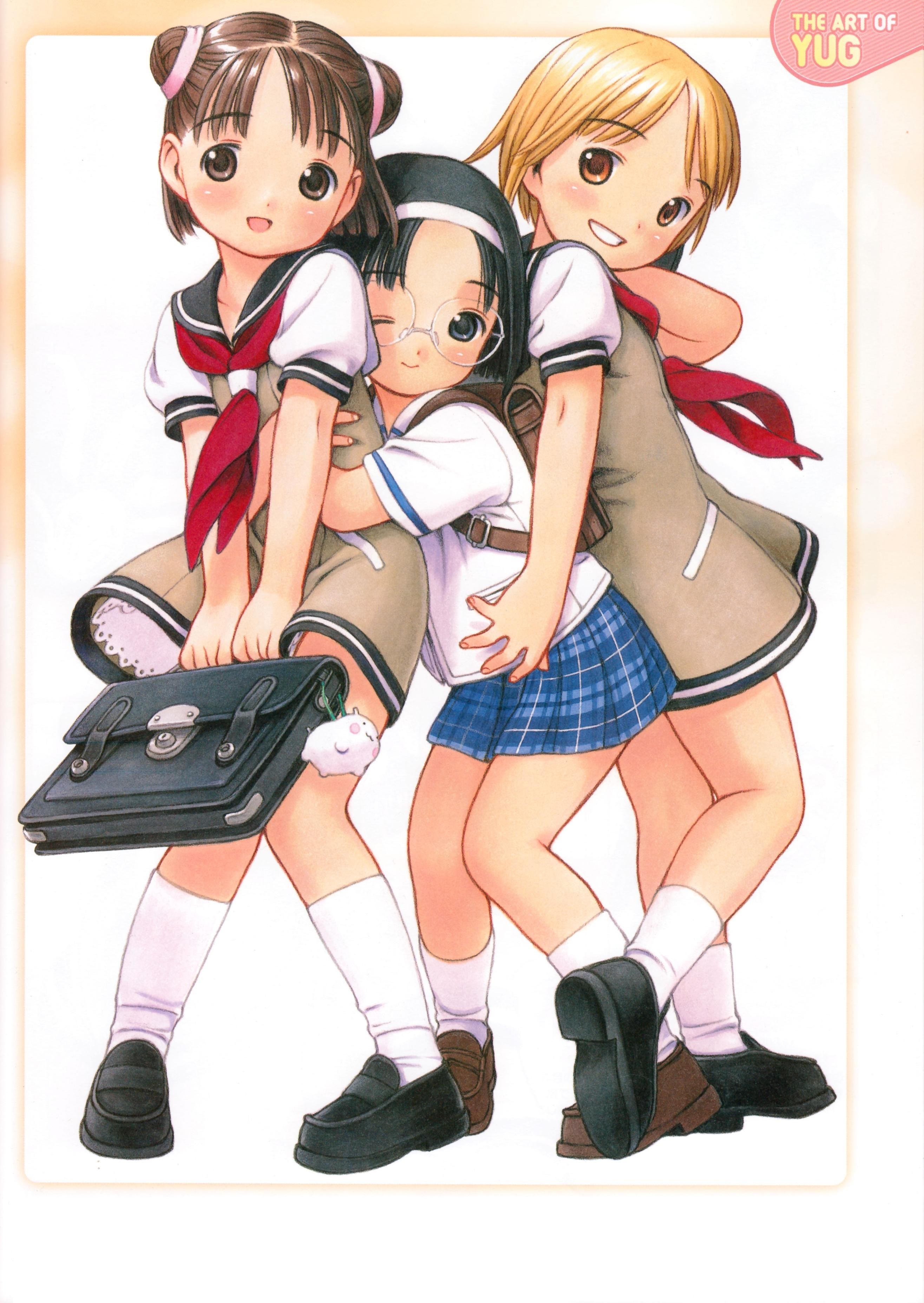 Three schoolgirls hugging