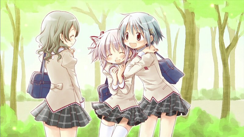 Three Schoolgirls Hugging — Green