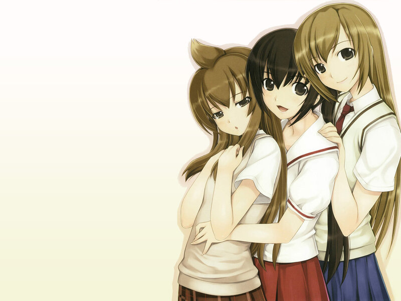 Three Schoolgirls Hugging — White, Friendly